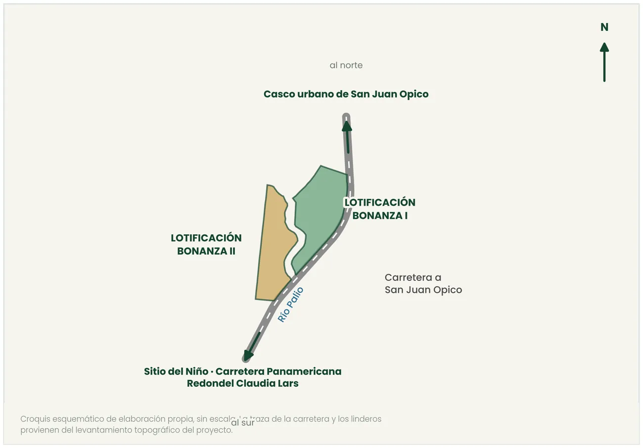 Croquis de ubicación: las dos lotificaciones sobre la Carretera a San Juan Opico, separadas por el Río Palio